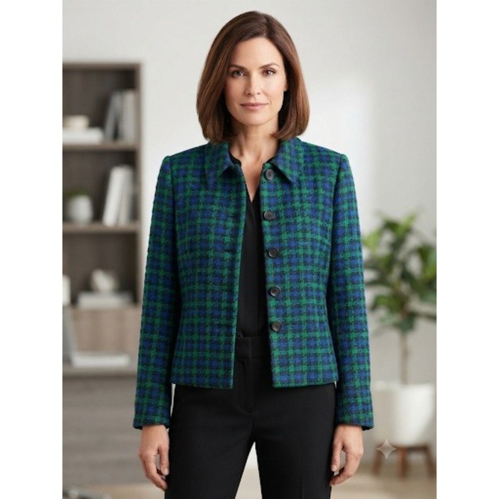 Vintage Kasper & Company ASL Blue Green Plaid Tweed Blazer‎ Size 12 Wool Blend